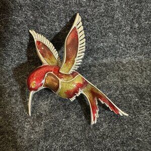 Vintage Enamel Hummingbird Bird Pin Brooch Rhinestone Red Yellow Gold Orange